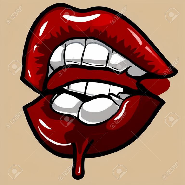 Otwarte usta z gryzieniem czerwonych ust. kobiece usta. wektor
