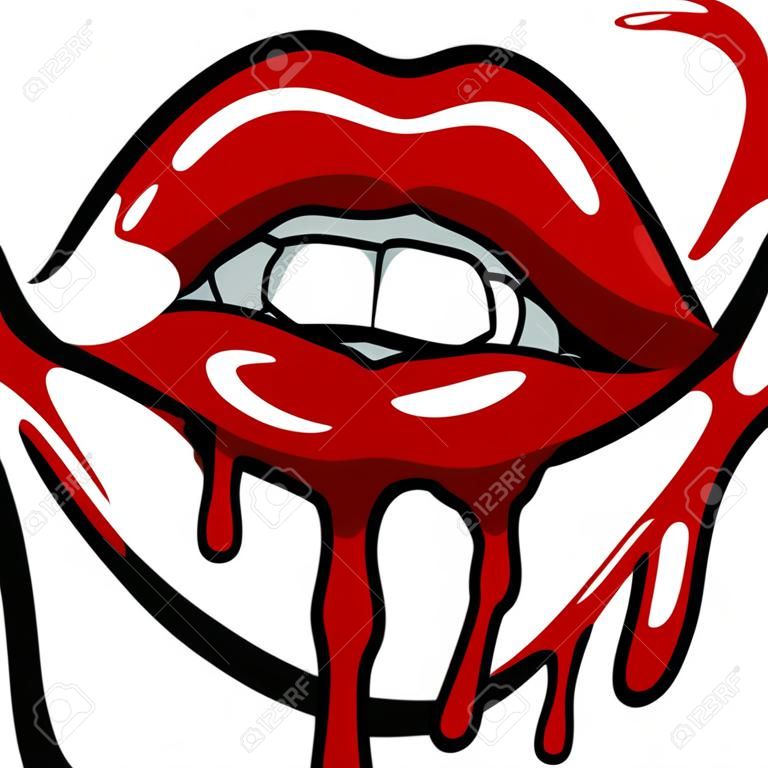 Otwarte usta z gryzieniem czerwonych ust. kobiece usta. wektor