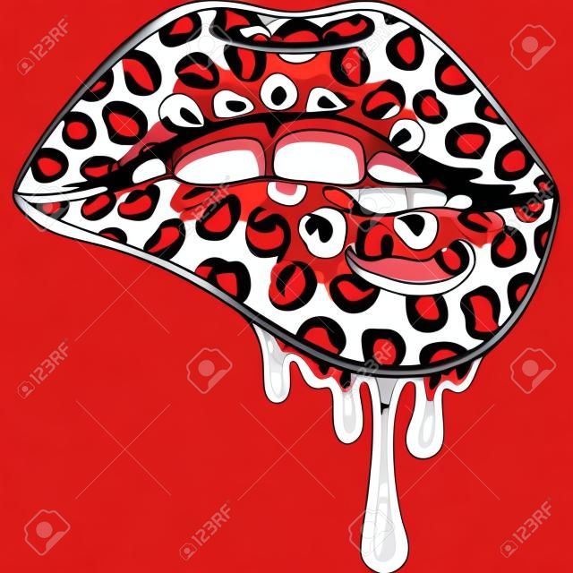 Open Mouth with Red Lips Biting. womens mouth. Vector leopards