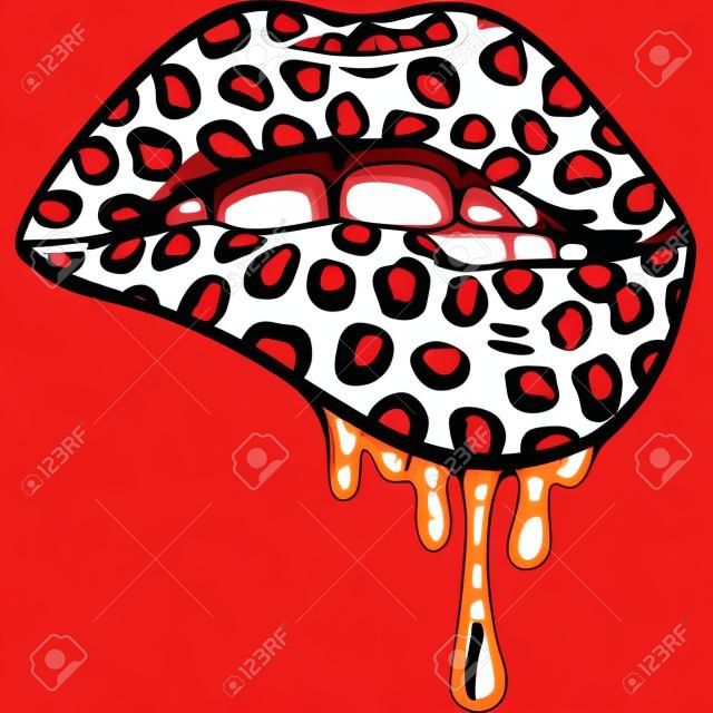 Open Mouth with Red Lips Biting. womens mouth. Vector leopards