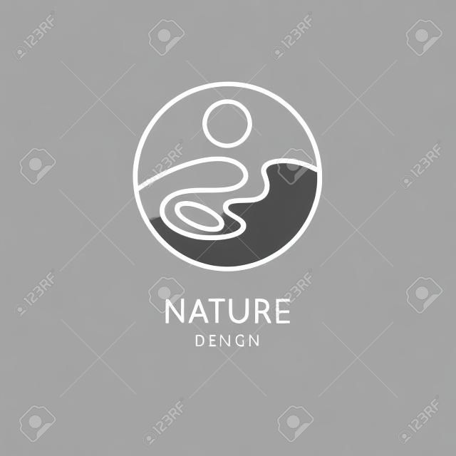 Natur-Logo-Vorlage. Lineare runde Ikone der Landschaft mit See, Sonne, Wellenlinie. Vektor einfaches minimalistisches Emblem für Business-Design, Abzeichen für Reisen, Tourismus, Ökologiekonzepte, Gesundheit, Yoga Center