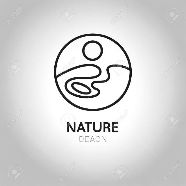 Nature logo template. Linear round icon of landscape with lake, sun, wavy line. Vector simple minimalistic emblem for business design, badge for travel, tourism, ecology concepts, health, yoga Center