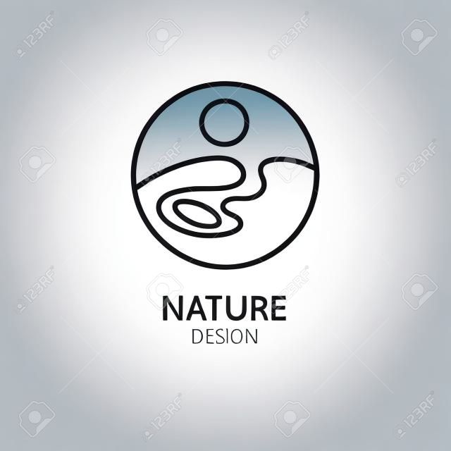 自然のロゴ テンプレート。湖、太陽、波線と風景の直線ラウンドアイコン。ビジネスデザインのためのベクターシンプルなミニマルなエンブレム、旅行のためのバッジ、観光、生態学の概念、健康、ヨガセンター
