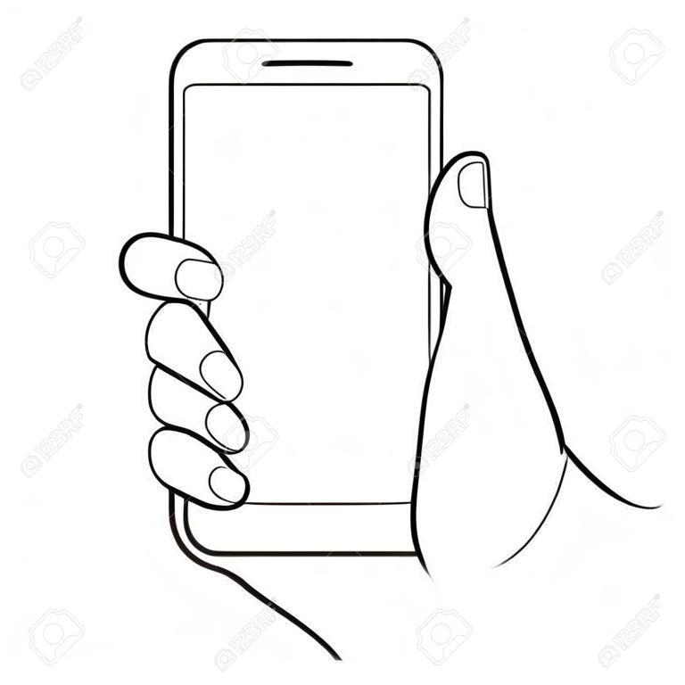 female hand holding a smart phone on white background of monochrome vector illustrations