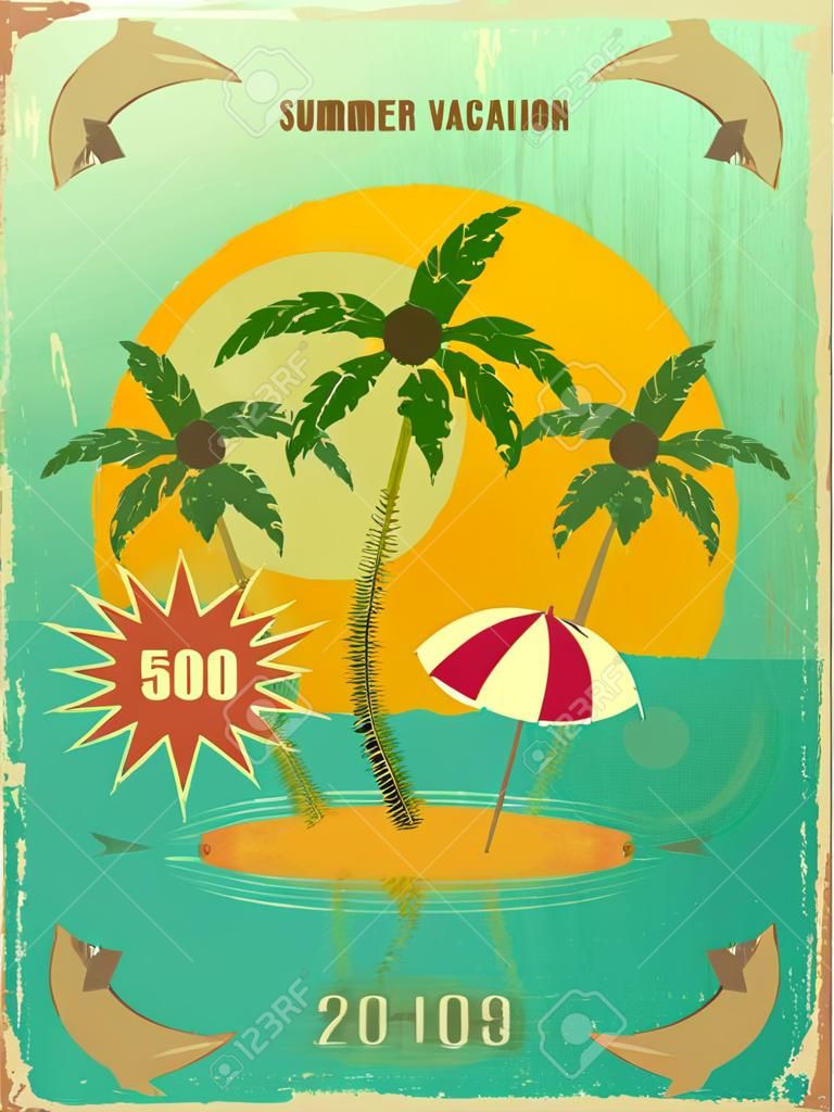 Rétro carte postale de vacances d'été grunge - mer, palmiers et le soleil sur fond vintage. Illustration Vecteur.