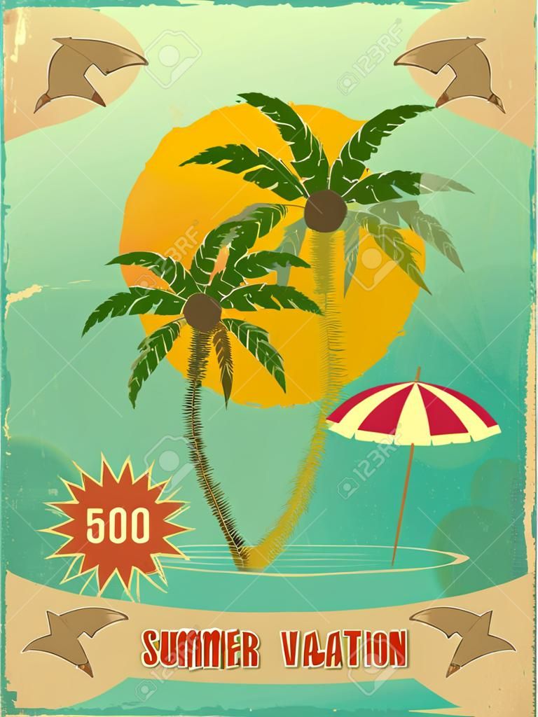 Rétro carte postale de vacances d'été grunge - mer, palmiers et le soleil sur fond vintage. Illustration Vecteur.