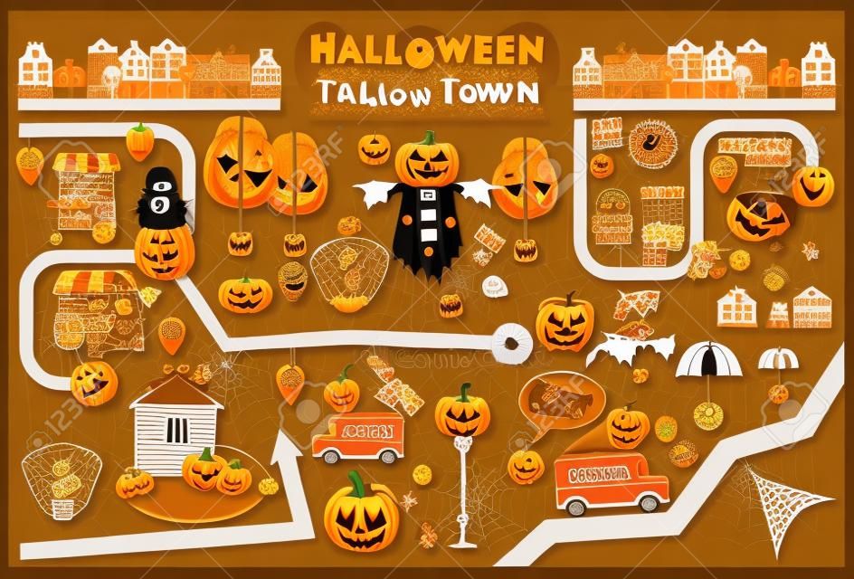 Halloween in Town - Street Party aliments et Octobre Symboles sur carte de la ville. Sweet Treats et Jack-o-lantern. Carte d'invitation pour le Parti. Vector Illustration.