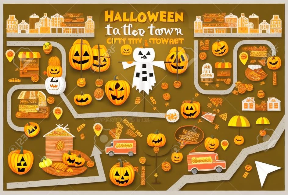 Halloween in Town - Street Party aliments et Octobre Symboles sur carte de la ville. Sweet Treats et Jack-o-lantern. Carte d'invitation pour le Parti. Vector Illustration.