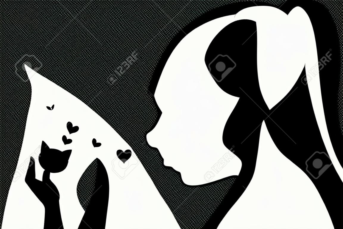 Illustration of the silhouettes of a girl with a cat