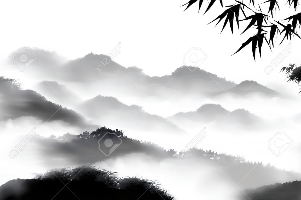 Paisaje con montañas de bambú y bosques brumosos. Pintura de tinta oriental tradicional sumi-e, u-sin, go-hua. Jeroglífico - claridad.