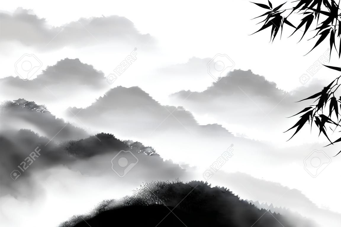 Paisaje con montañas de bambú y bosques brumosos. Pintura de tinta oriental tradicional sumi-e, u-sin, go-hua. Jeroglífico - claridad.