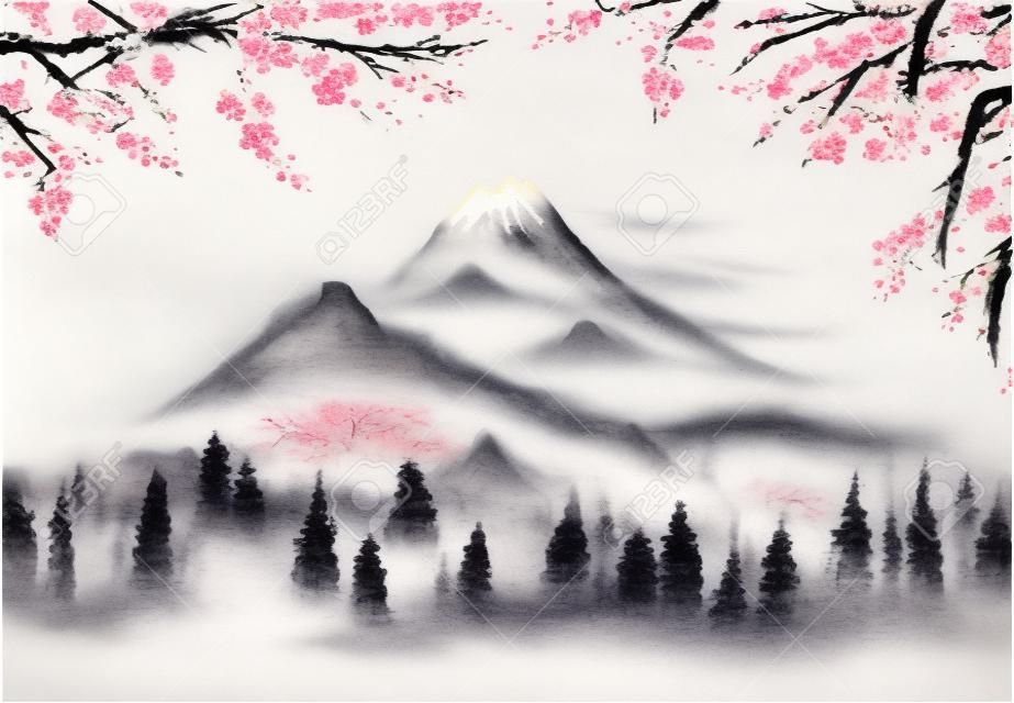 Flor Sakura, floresta nebulosa e montanhas distantes. Pintura de tinta oriental tradicional sumi-e, u-sin, go-hua.