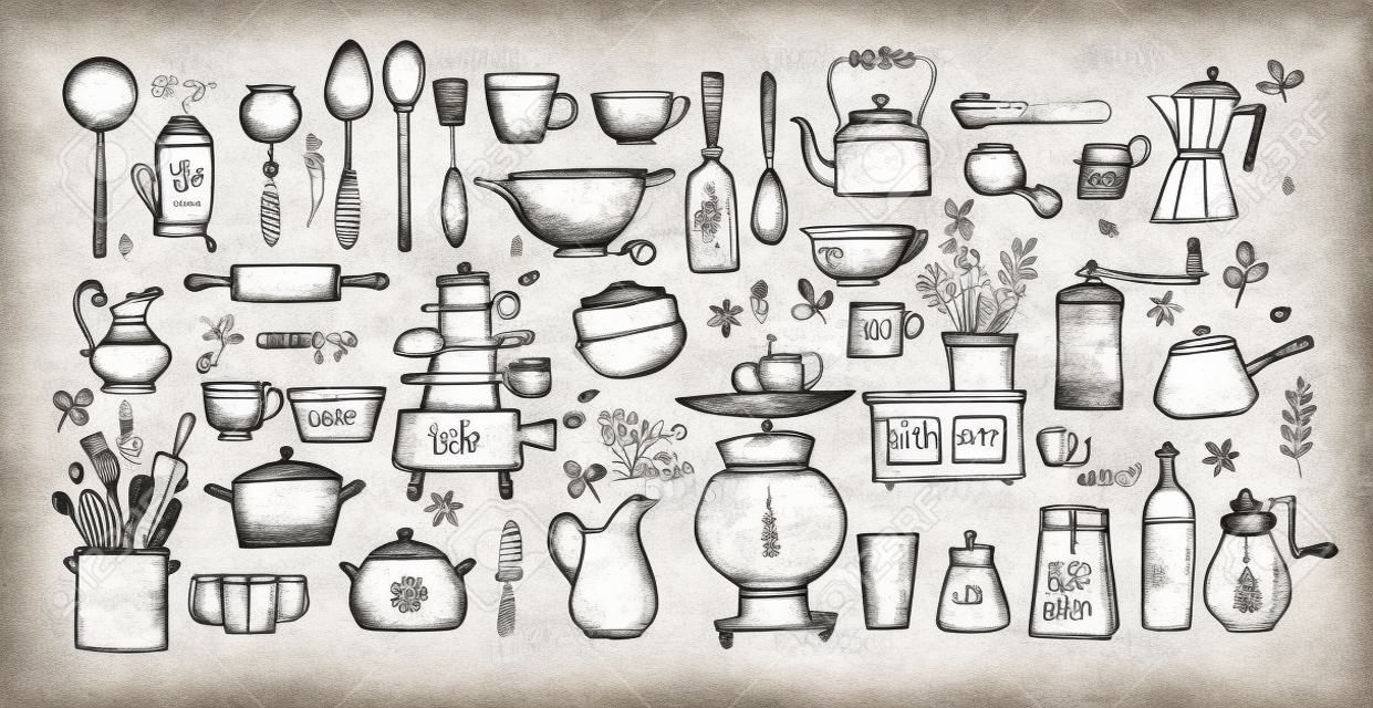 Big set of kitchen doodle sketch utensils on old paper background. Cups, teapots, pots. bottles. chopping boards ets. Inscription Bon appetit in different languages