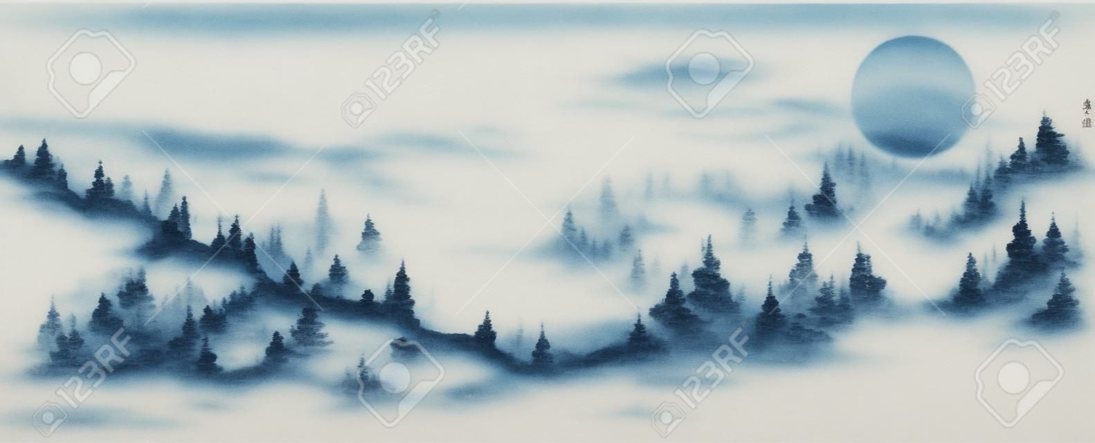 Paesaggio delle montagne della foresta nebbiosa. tradizionale pittura a inchiostro orientale sumi-e, u-sin, go-hua