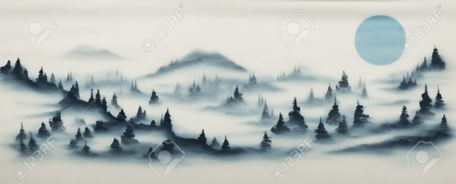 Paisaje de montañas de bosque brumoso. pintura de tinta oriental tradicional sumi-e, u-sin, go-hua