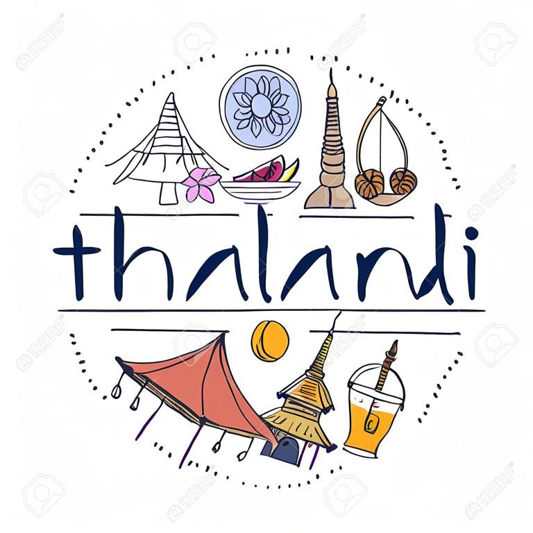 Symbols of Thailand. Hand drawn design concept with the main attractions of Thailand. Vector illustration.