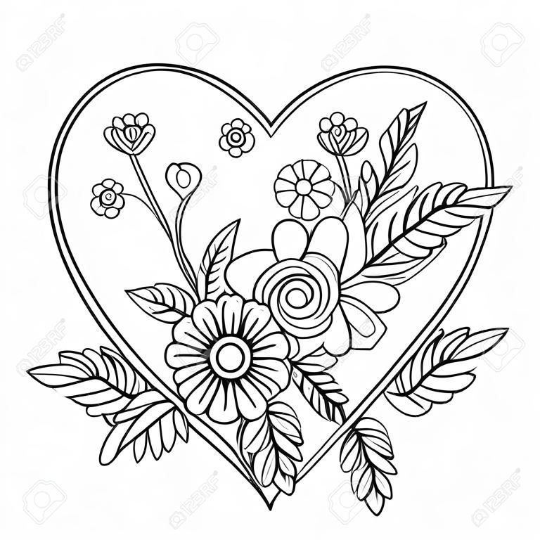 Serce z kwiatowym wzorem. Walentynki kolorowanki dla dorosłych. Ilustracja wektorowa. Na białym tle