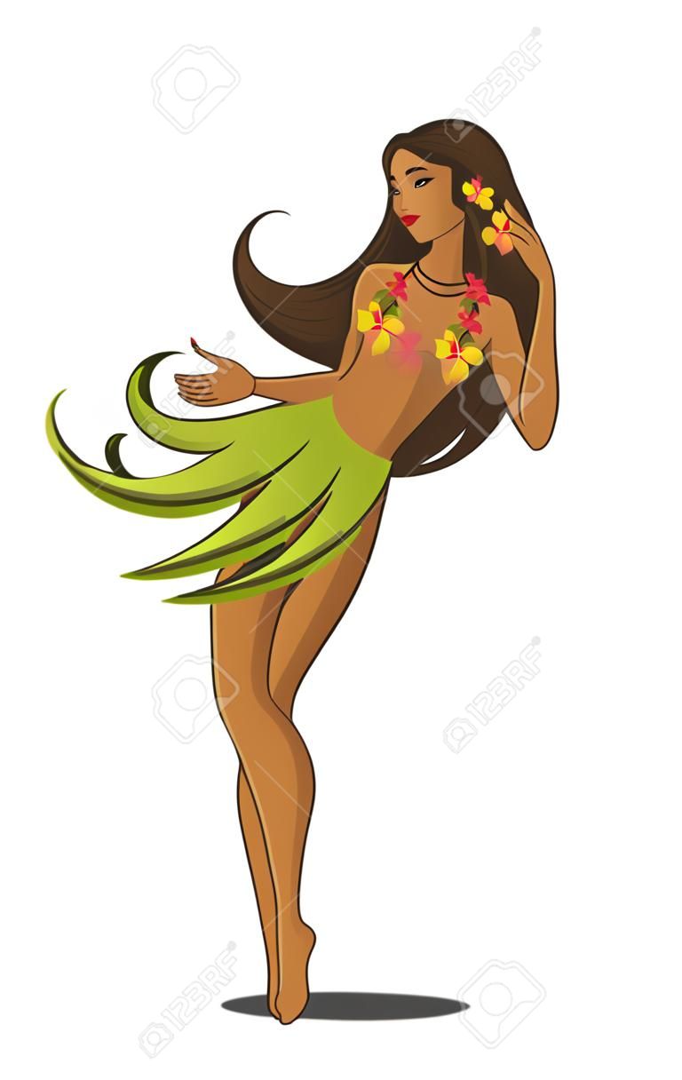 Ilustración del vector de la muchacha de hula en el collar de hibisco