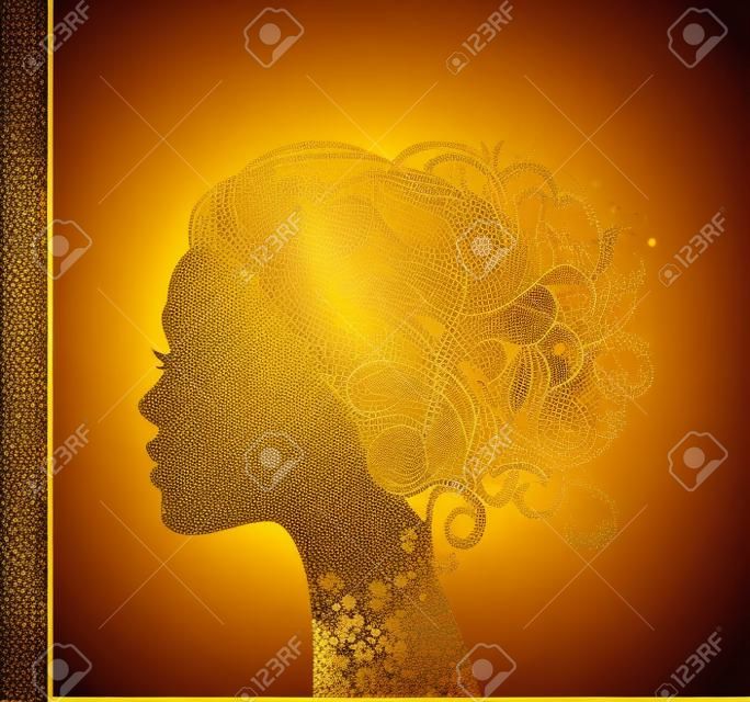 silueta de la muchacha hermosa lámina de oro textura de oro. Hermosa ilustración de la belleza. Vector.