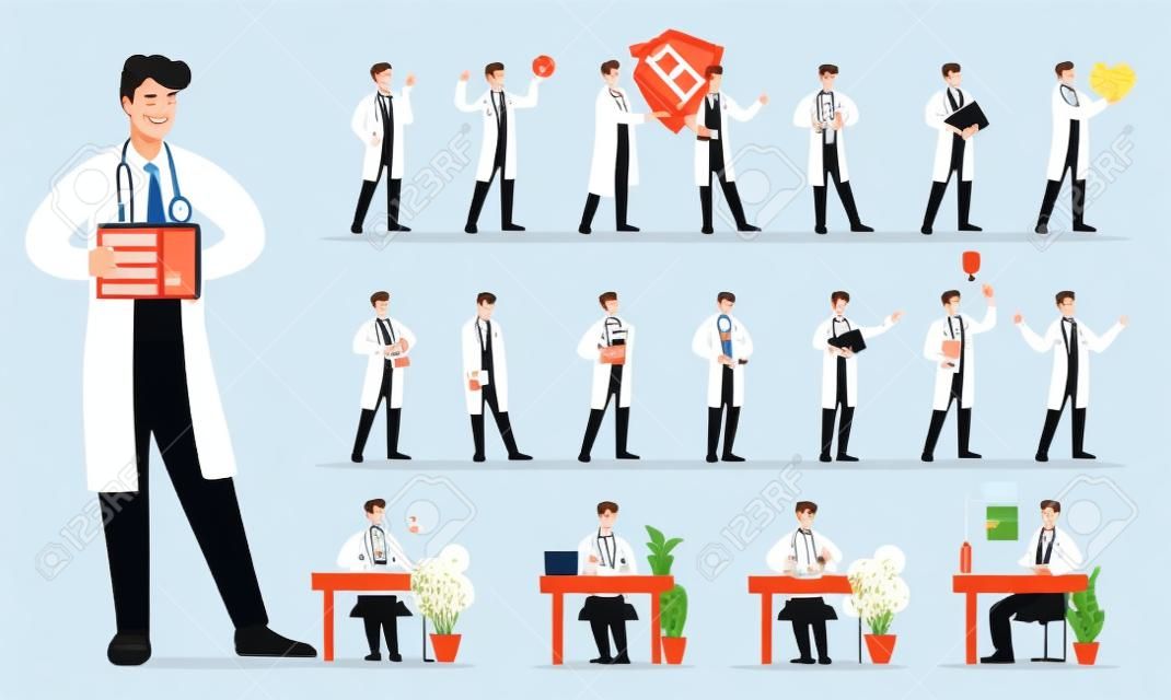 Set of Man doctor. Presentation in various in various poses and actions. 2D Flat character vector illustration N2.
