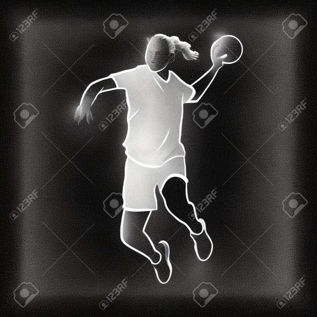 ハンドボールをする男のイラスト.黒と白の描画, 白の背景