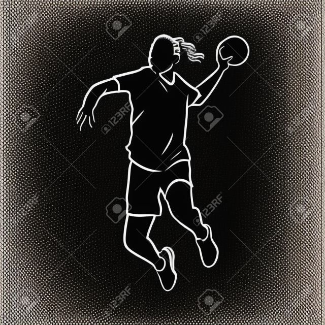 ハンドボールをする男のイラスト.黒と白の描画, 白の背景