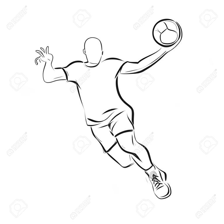 Ilustración de hombre jugando balonmano. dibujo en blanco y negro, fondo blanco
