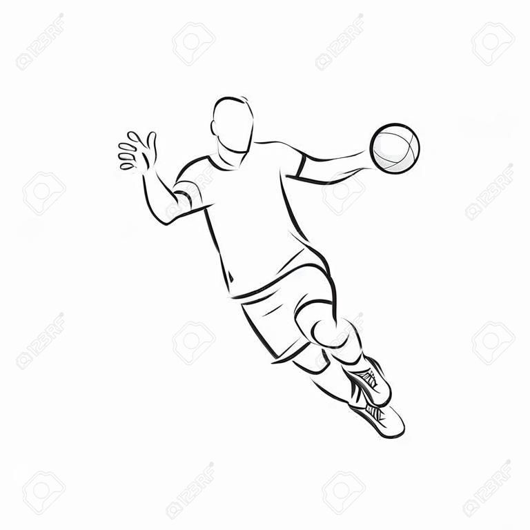 illustration of man playing handball . black and white drawing, white background