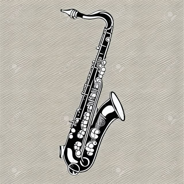 Illustration vectorielle. Doodle dessiné à la main de saxophone d'instrument à vent de musique classique. Matériel de musique blues, funk ou jazz. Croquis de dessin animé. Isolé sur fond blanc