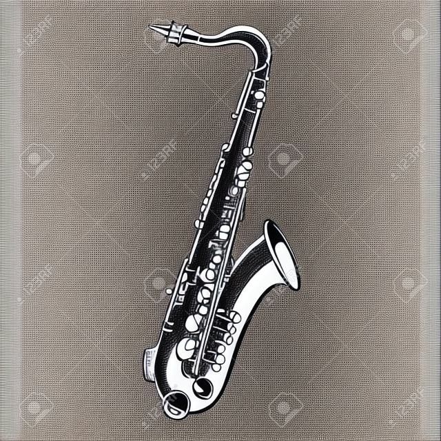 Illustration vectorielle. Doodle dessiné à la main de saxophone d'instrument à vent de musique classique. Matériel de musique blues, funk ou jazz. Croquis de dessin animé. Isolé sur fond blanc