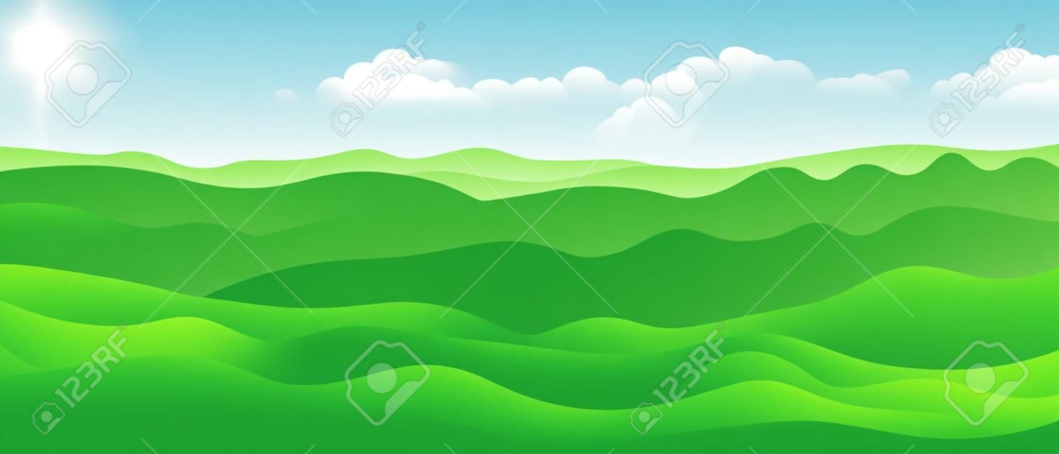 Beautiful abstract landscape with green hills and clear sky in the early morning. Horizontal vector banner design with inspiring natural scenic view. Copy space