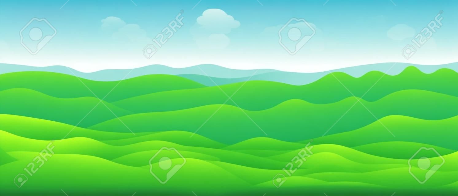 Beautiful abstract landscape with green hills and clear sky in the early morning. Horizontal vector banner design with inspiring natural scenic view. Copy space