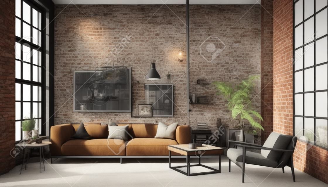 Industrial loft living room interior with sofa,chair and brick wall.3d rendering