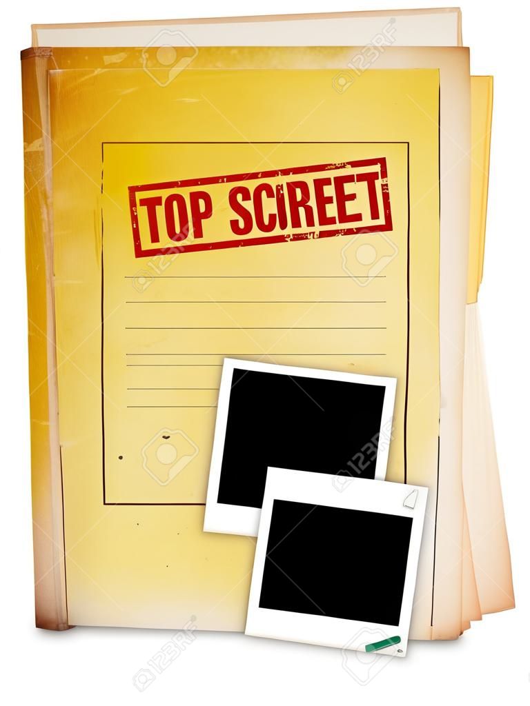 Old folder with top secret stamp and photo, clipping path.