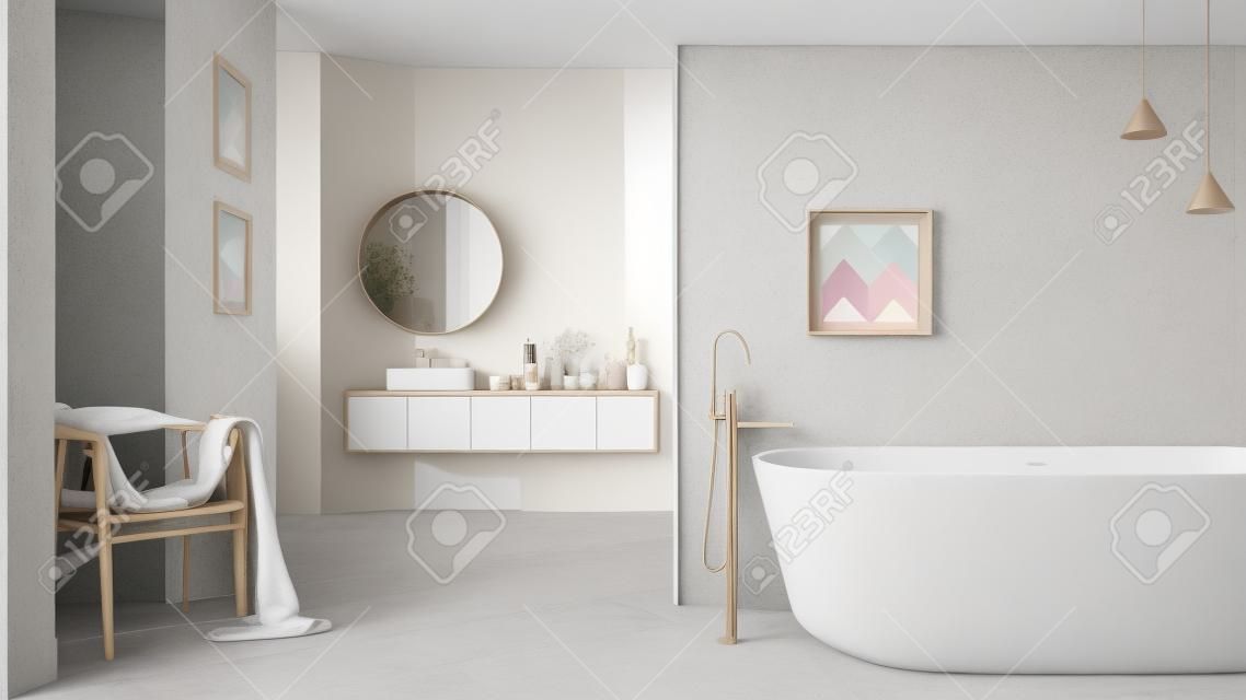 Salle de bain minimaliste cosy aux tons pastel, baignoire autoportante, carrelage et murs en béton, vasque, miroir, fauteuil, vases et décors colorés, idée de concept de projet de design d'intérieur