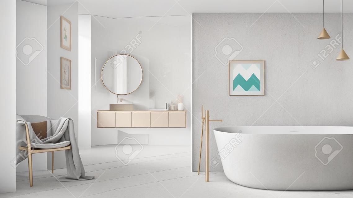 Salle de bain minimaliste cosy aux tons pastel, baignoire autoportante, carrelage et murs en béton, vasque, miroir, fauteuil, vases et décors colorés, idée de concept de projet de design d'intérieur
