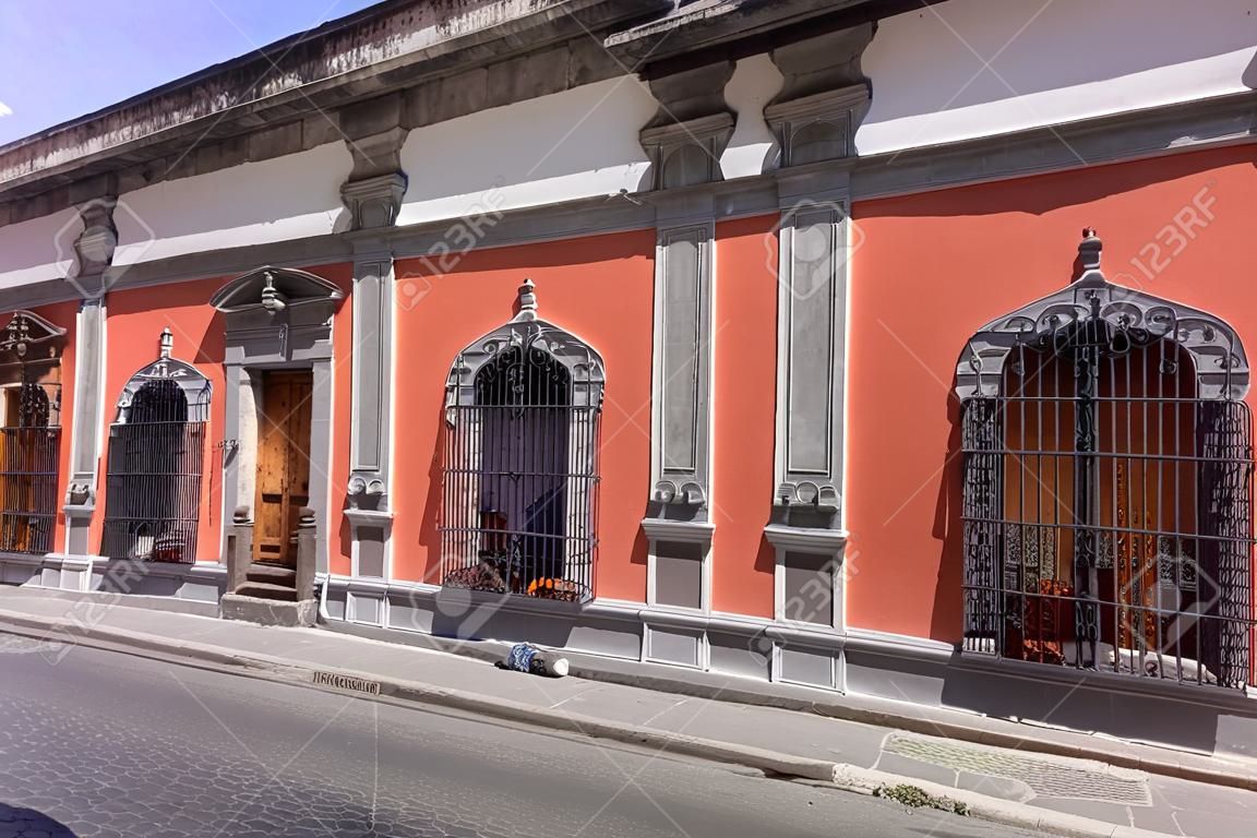 Mexico, colorful colonial Guadalajara houses in historic center near Guadalajara Cathedral.