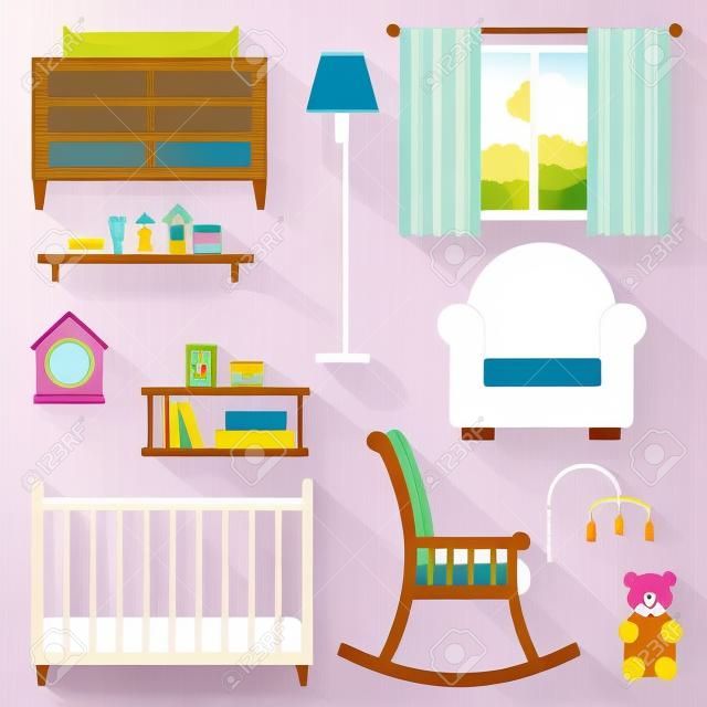 Habitación del bebé con muebles. Vivero interior. Ilustración vectorial de estilo Flat.
