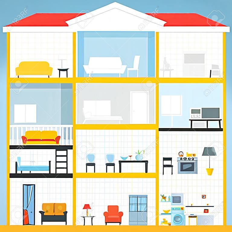 Casa en corte. Interior de la casa moderna detallada. Habitaciones con muebles. Ilustración vectorial de estilo Flat.