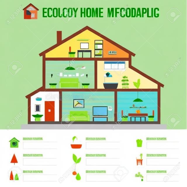 Eco-friendly infografía casa. Ecología casa verde. Casa en corte. Interior de la casa moderna detallada. Habitaciones con muebles. Ilustración vectorial de estilo Flat.