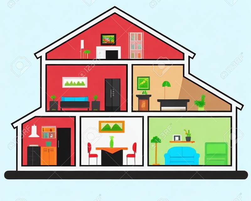 House in cut. Detailed modern house interior. Rooms with furniture.  Flat line style vector illustration.