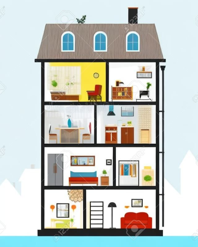 カットの家。詳細なモダンな家のインテリア。家具付きの客室です。 フラット スタイルのベクトル図です。