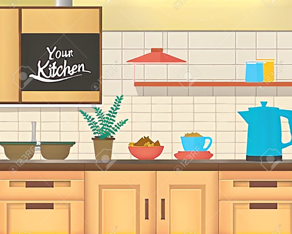 Kitchen with furniture set. Cozy kitchen interior with table, cupboard and dishes. Flat style vector illustration.