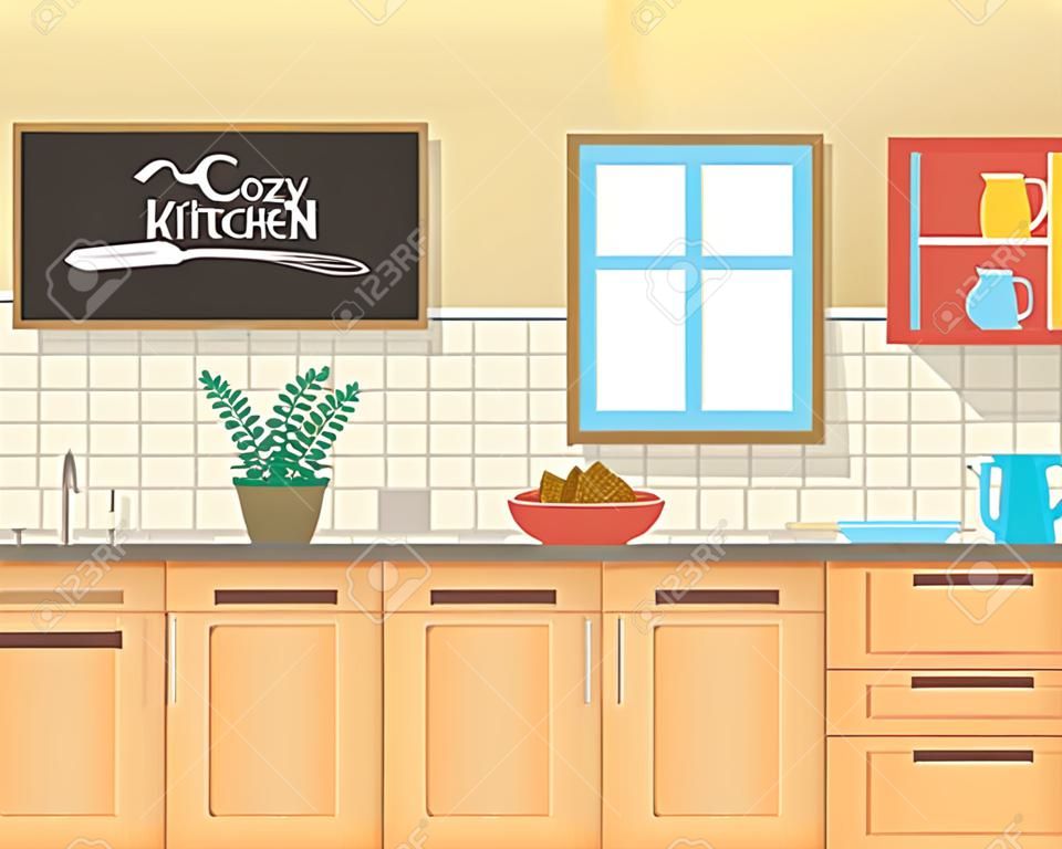 Küche mit Möbeln. Gemütliche Küche Interieur mit Tisch, Schrank und Geschirr. Wohnung Stil Vektor-Illustration.
