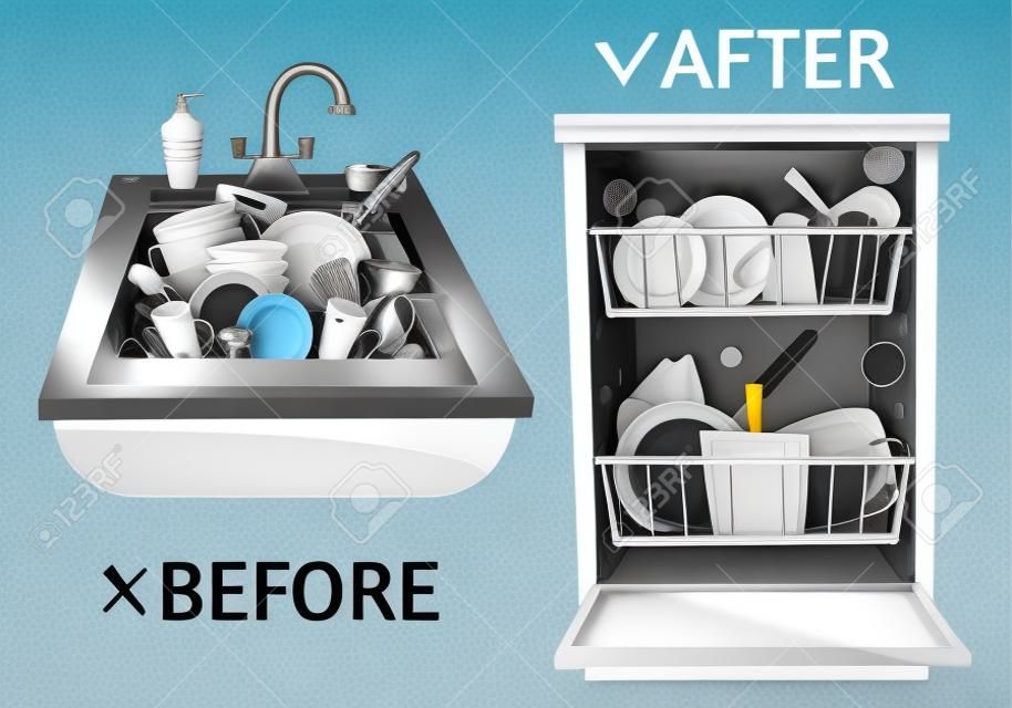 Kirli bulaşıkları batırın ve bulaşık makinesini temiz bulaşıklarla açın.