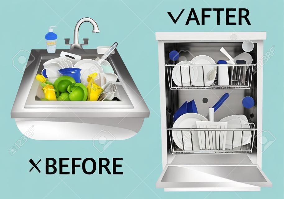 Sink dirty dishes and open dishwasher with clean dishes.