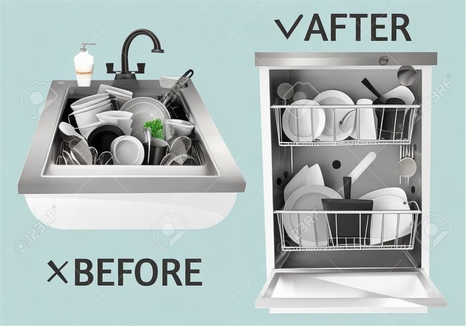 Kirli bulaşıkları batırın ve bulaşık makinesini temiz bulaşıklarla açın.