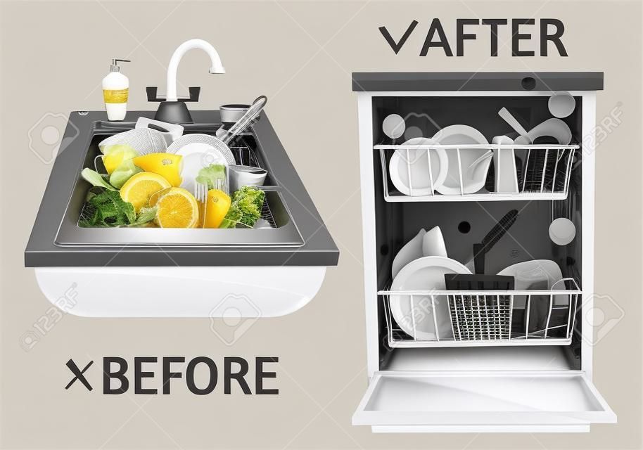 Schmutzige Gerichte und offene Spülmaschine mit sauberen Gerichten