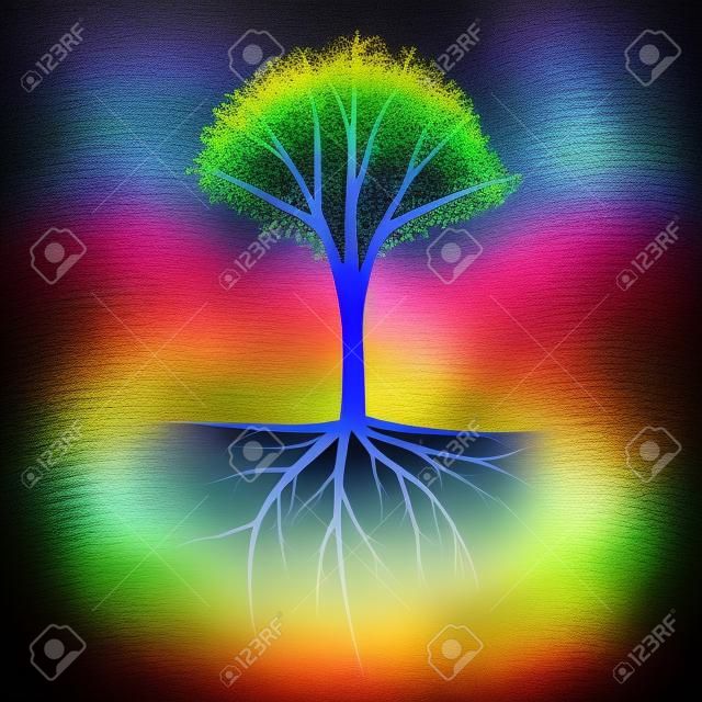 Rainbow tree silhouette with roots