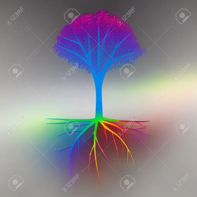 Sylwetka drzewa Rainbow z korzeniami